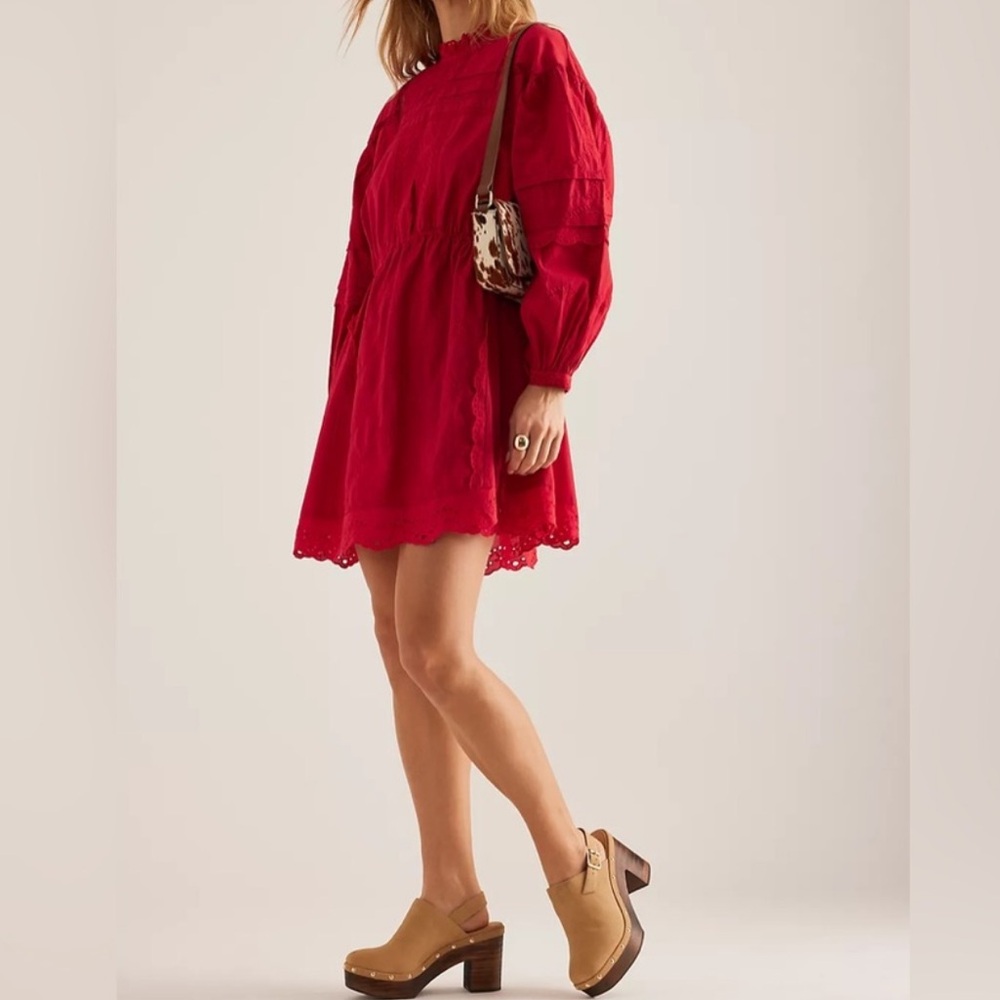 NWOT Damson Madder Clancy Embroidered Long-Sleeve Mini Dress in Red - Picture 2 of 13